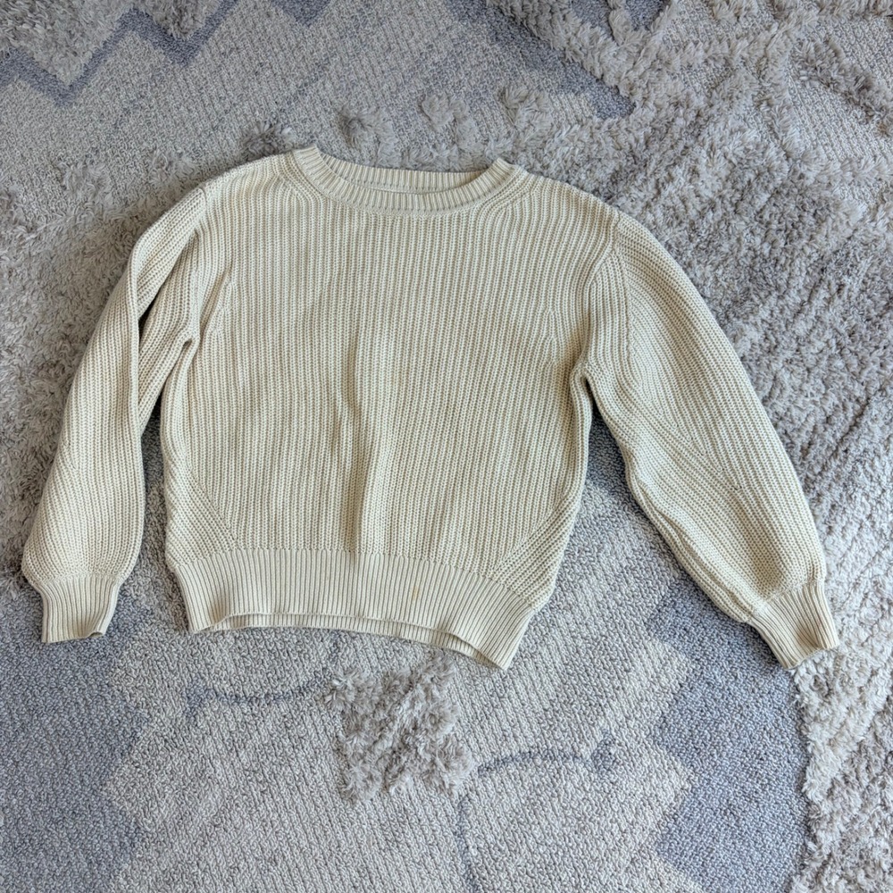 Gap Womens Cream Cotton Shaker Rib Knit Crewneck Sweater Balloon Sleeve Small
